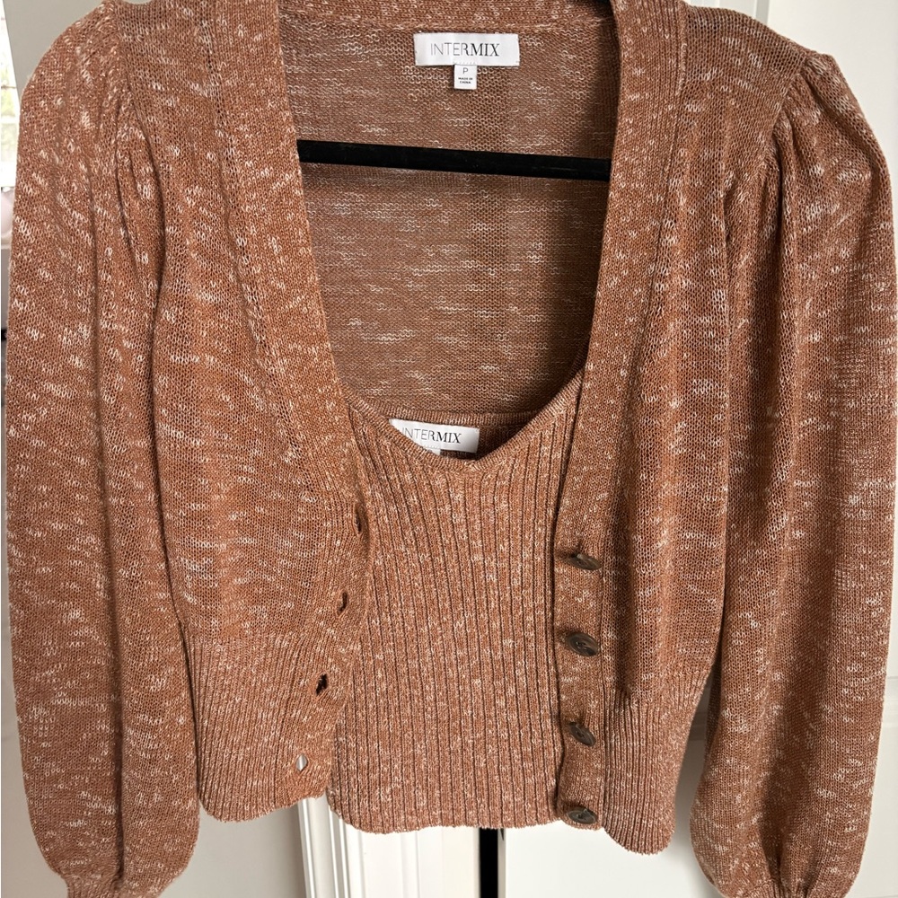 INTERMIX Metallic Bronze Knit Cardigan and Tank Set